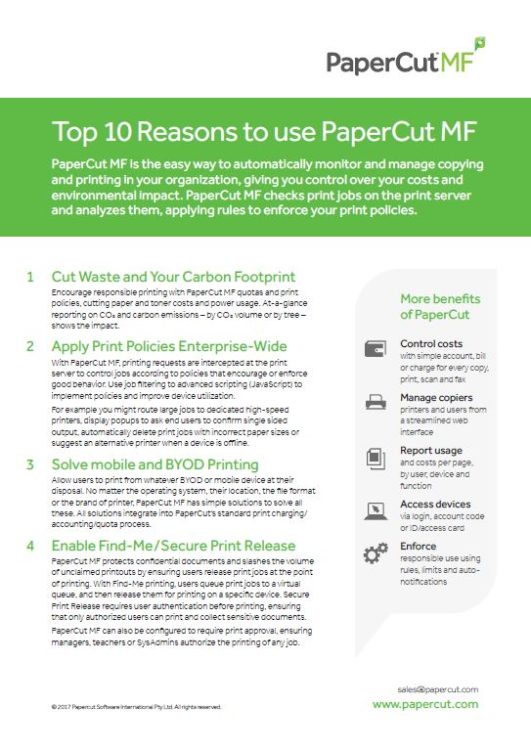 Top 10 Reasons, Papercut Mf, OFFICECORP, Inc.